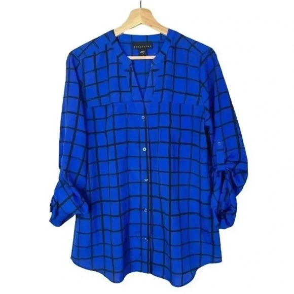 Attention Bright Blue Black Plaid Long Sleeve Blouse L - Picture 1 of 4